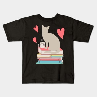 Cat silhouette coffee tea books hearts Kids T-Shirt